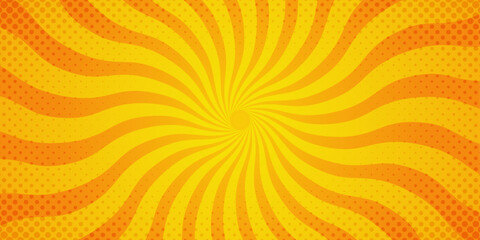 Abstract yellow comic background. Art pop cartoon backdrop. Halftone effect pattern. Fun anime texture. Starburst manga style bg. Mark popart radial gradient. Spiral, swirl, comic rays.	