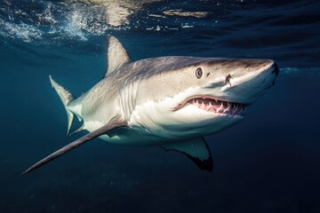 Fototapeta premium A shark swimming in the ocean with its mouth open