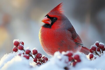 A small red bird sits atop a stack of snow, ready for its next move