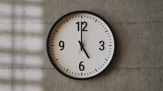 Time-lapse of black and white classic wall clock in office or modern design building, textured concrete background, moving shadows from window blinds sunlight, sunny day to evening transition, zoom in