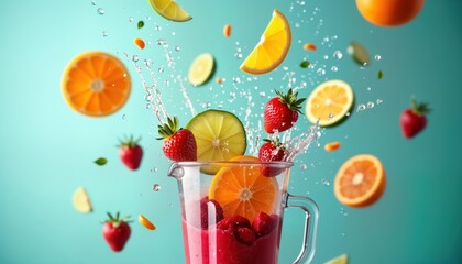Fresh fruit slices fly into blender pitcher creating smoothie. Water splashes. Healthy food concept. Smoothie ingredients. Organic fruits. Healthy lifestyle. Vibrant colors. Kitchen scene. Beverage