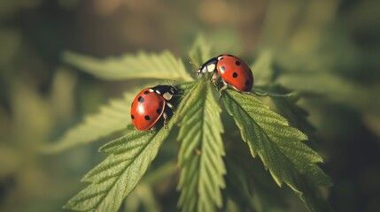 Obraz premium Two ladybug insects sit on the surface of a green leaf
