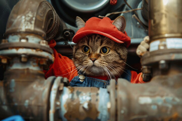 Cute cat plumber in red hat and overalls fixing pipes with curious expression