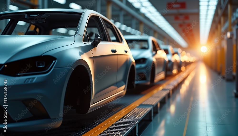 Poster unfinished car bodies move along modern assembly line in factory. automated system transports vehicl