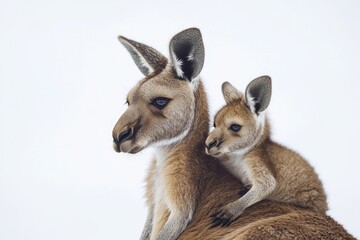 Fototapeta premium A mother kangaroo and her baby in a snowy environment