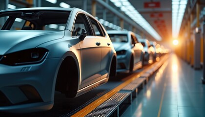 Fototapeta premium Unfinished car bodies move along modern assembly line in factory. Automated system transports vehicles through production process. Vehicles in various stages of construction. Industrial setting