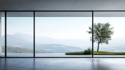 Modern interior with expansive glass windows revealing serene mountain landscape and solitary tree. Generative AI