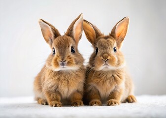 Fototapeta premium Surreal Dreamy Brown Bunnies on White Background - Whimsical Stock Photo