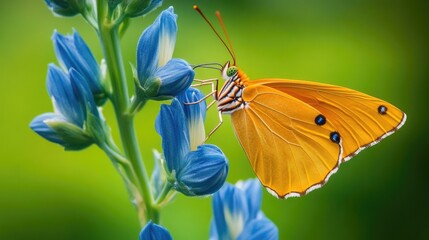 A small yellow butterfly perched on a bright blue flower, ready to take flight