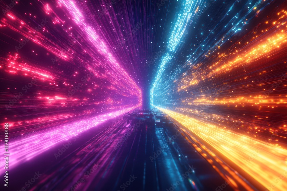 Fototapete colorful light beams create a vibrant tunnel effect in a digital abstract landscape at night. genera
