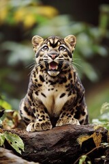 Obraz premium A close-up view of a leopard's face and neck as it sits on a log, with a rugged natural background