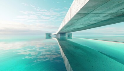 Obraz premium Serene Concrete Minimalism, Crystal-clear turquoise water mirrors a pristine sky in this photorealistic architectural rendering.