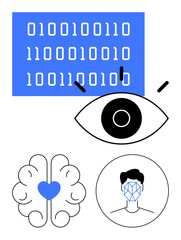 Obraz premium Binary code, eye, brain with heart, and human face recognition. Ideal for AI, biometrics, machine learning, facial analysis, neuroscience emotional intelligence abstract line flat metaphor