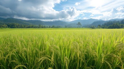 Fototapeta premium Lush green rice field with golden stalks under bright sky and mountains