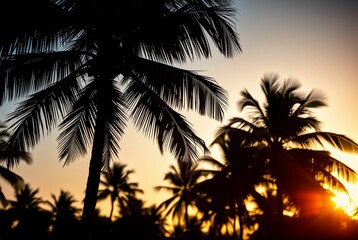 Obraz premium Silhouetted Palm Trees Against a Golden Sunset Sky
