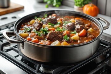 Hearty beef stew bubbling in a pot on the stove with fresh vegetables and herbs. Generative AI