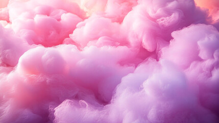 Fototapeta premium Dreamy pink and lavender cotton candy clouds on a pastel backdrop, perfect for whimsical designs, events, or creative projects celebrating sweetness and nostalgia.