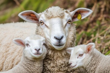 Obraz premium A mother sheep with her two baby lambs standing together in a field