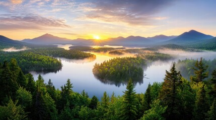 Obraz premium A serene view of the Adirondack Mountains with dense forests, tranquil lakes, and mist rolling over the rugged peaks at sunrise.