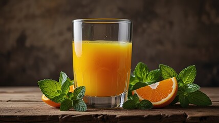 Fototapeta premium Orange juice with mint on wooden table