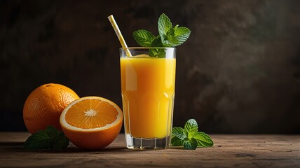 Fototapeta premium Orange juice with mint on wooden table