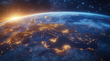 stunning view of Earth from space, showcasing illuminated cities and natural landscapes. vibrant lights highlight beauty of our planet
