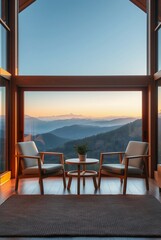 Fototapeta premium Modern Cozy Living Space with Scenic Mountain View at Sunset