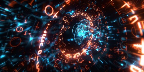 Obraz premium Quantum Vortex, Abstract digital art of swirling time symbols, fractal clocks, and physics equations in neon light.