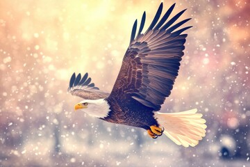 Fototapeta premium A majestic bald eagle in flight over a winter wonderland scene, perfect for use as a symbol of freedom or national pride
