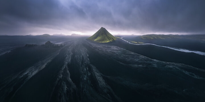 Dramatic aerial view of Maelifell volcano, Iceland