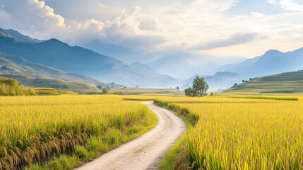 Obraz premium winding pathway through golden rice fields under serene sky. lush landscape showcases vibrant green and yellow hues, inviting tranquility