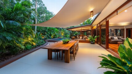 Fototapeta premium A spacious patio featuring a large wooden dining table, a canopy for shade, and lush garden greenery surrounding it.
