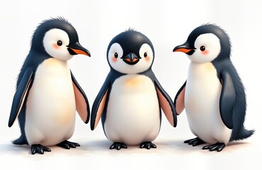 Obraz premium Three cute baby penguins stand close together on white background. Look friendly, adorable. Illustration style watercolor, cartoon. Penguins isolated, seem happy. Appear to in daytime scene. Setting