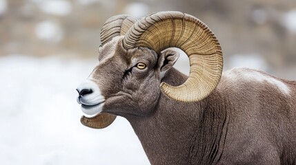 A majestic ram stands proudly in a snowy environment, its large horns prominent