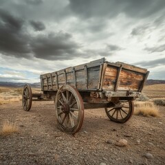 Fototapeta premium Old abandoned wooden wagon in the middle of the desert.