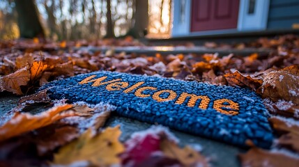 Welcome Mat Autumn Leaves Winter Snow