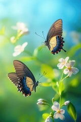 Two butterflies sit on colorful flowers in a warm and peaceful environment
