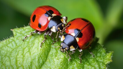 Obraz premium Two insects on a green leaf, red and black in color