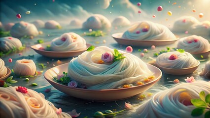 Surreal Floating Rice Noodle Rolls in Ethereal Landscape - Asian Food Photography
