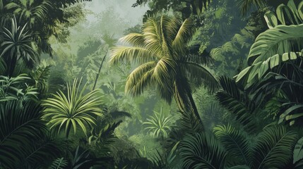 A lush tropical jungle with tall palm trees and dense foliage, ideal for travel or adventure themes