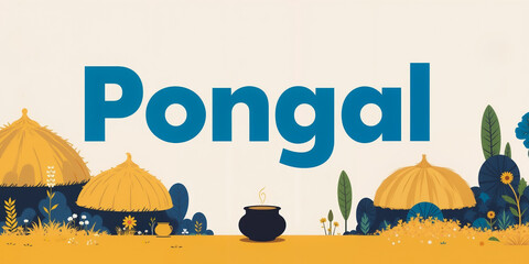 Naklejka premium A greetings banner in honor of the Indian harvest festival Pongal (Makar Sankranti). The inscription “Pongal”. A pot of rice. Kalash