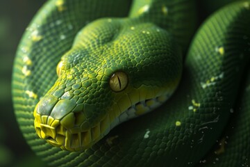 A vibrant green python rests on lush foliage, showcasing its intricate scales and golden eyes, blending seamlessly into the rainforest environment during daylight