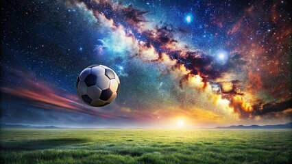 Fototapeta premium Surreal Football Field: Floating Ball, Starry Night Sky