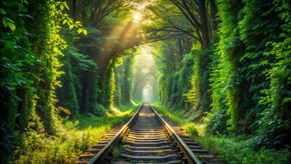 Obraz premium Surreal Forest Railway: Mystical Tracks Through Lush Green Landscape