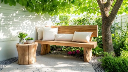 A tranquil garden corner with a rustic wooden bench, soft cushions, and a small side table set under a shady tree.