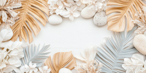 Aesthetic Desktop Wallpaper with tropical leaves, dried flowers, stones. Pastel colors, abstract natural background, copy space