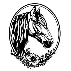 Horse head with flowers in an oval vector illustration