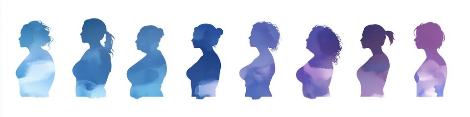 different Silhouettes of an woman heads, overlapping, different directions. shades of blue, purple, or white on the left side. The background is white - Generative AI