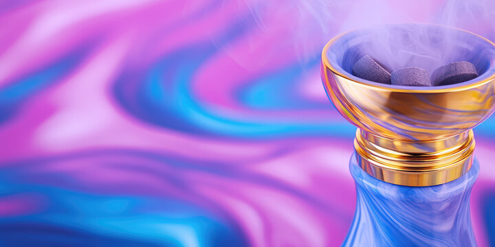 Close up on hookah for vaping. Ceramic hookah bowl with hot coals and smoke on colored abstract background with copy space, banner template