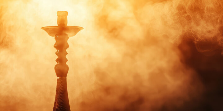 Close up on hookah for vaping. Ceramic hookah bowl with hot coals and smoke on colored abstract background with copy space, banner template